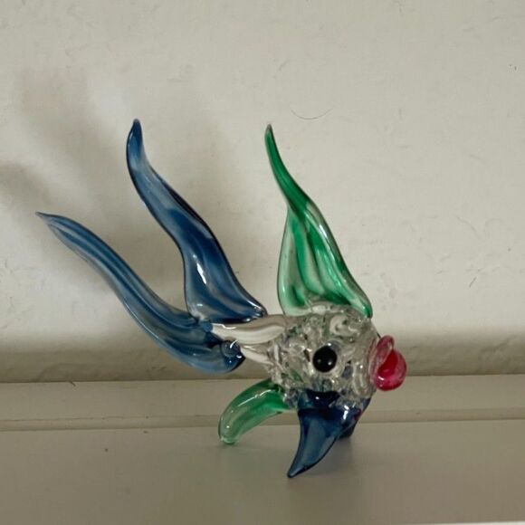 Glass Animals Betta Gold fish blue Murano style Miniature figurine hand blown 3" - Picture 1 of 8